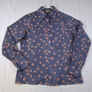Women's Vintage Sears Best Geometric Pattern Button Down Shirt Size 14 Blue